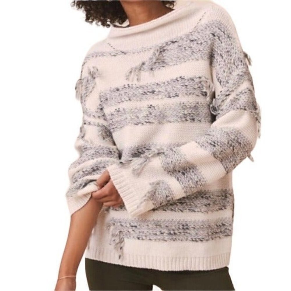 Lou & Grey Fringe Knit Mock Neck Sweater  XS  beige oversized lagenlook cozy y2k